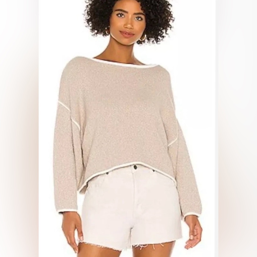 Free People Womens Bardot Oversized Sweatshirt S Beige Tan Cropped Sweater Boxy